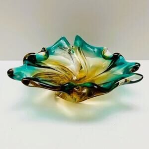 Vintage Mid-Century Handblown Murano Turquoise & Amber Star Bottom Glass Decor
